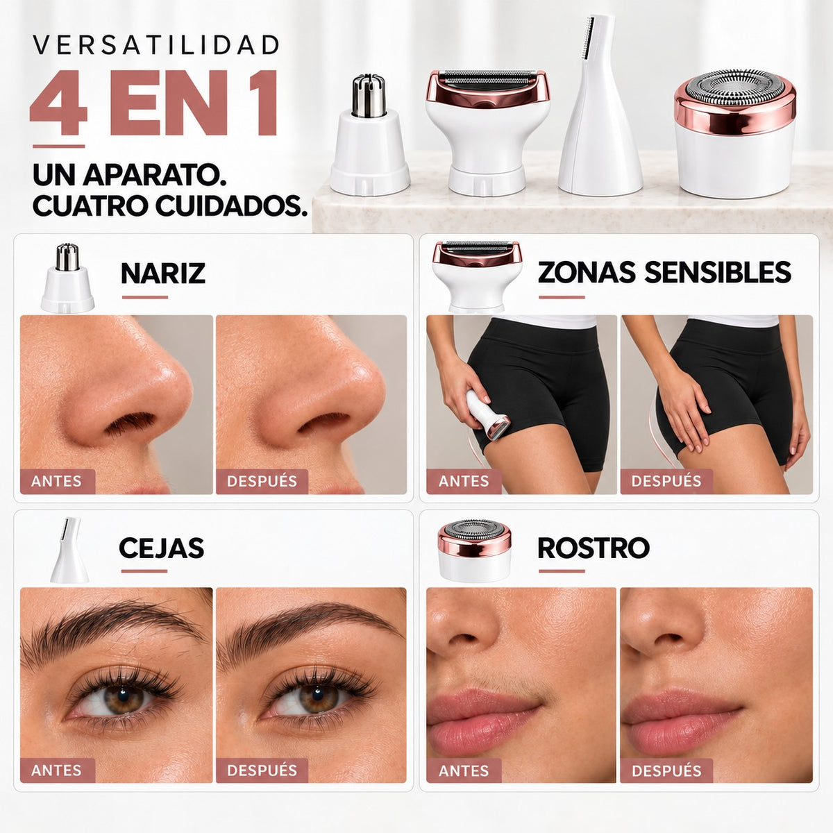 VELUA - Depiladora 4 en 1 - Depila sin dolor el rostro y el cuerpo